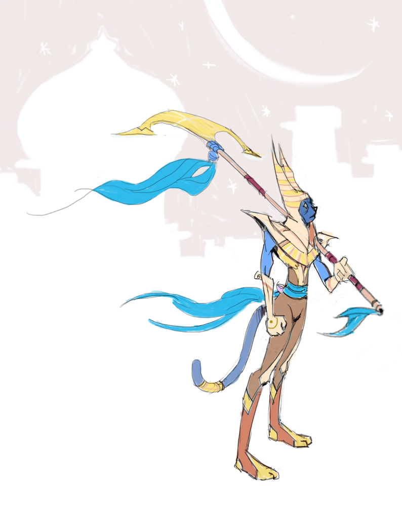Dessin numérique d'un soldat panthère bleu claire avec un rubans bleu attachés à sa taille et deux autres sur son arme tranchante. En fond la silhouette d'une ville avec le dôme d'un palais. Dans le ciel pastel rose une énorme lune et des étoiles. 