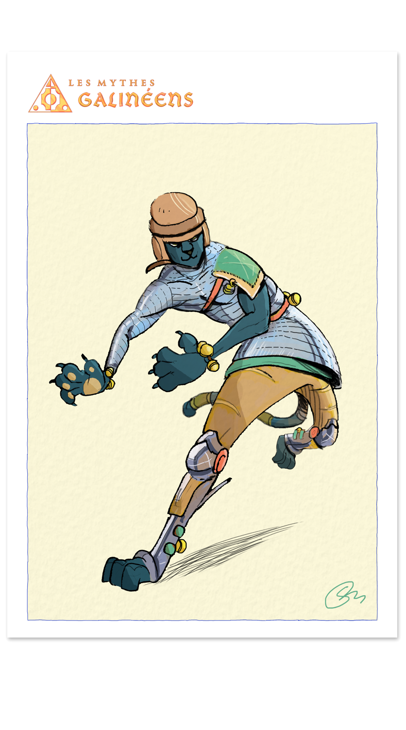 Yoriar, personnage panthère anthropomorphe à peau bleue en pleine course de l'univers Les Mythes Galinéens, équipé de jambières et gantelets mécaniques, coiffe en cuir, fond jaune pâle
