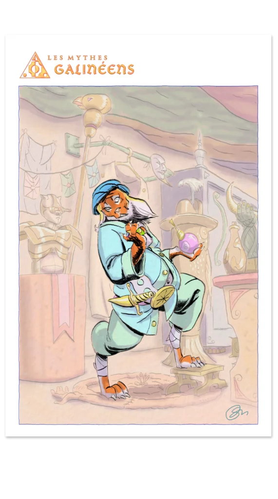 Personnage tigre anthropomorphe de l'univers Les Mythes Galinéens orange et blanc, déguisé en marchand avec turban et robe bleu-vert, tenant une fiole en forme d'escargot, décor de bazar fantastique.