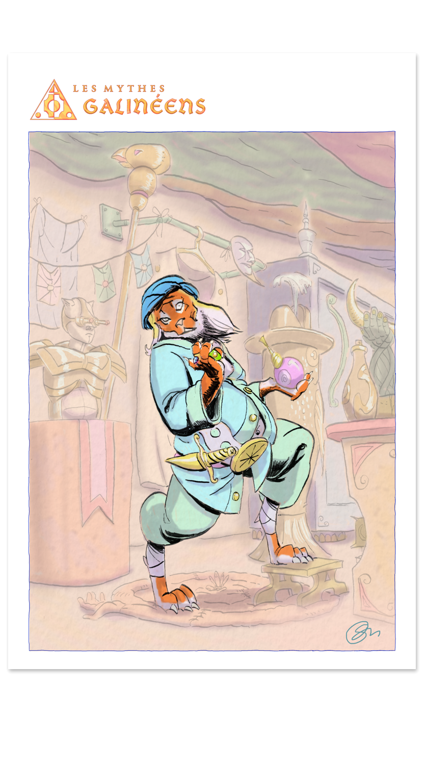 Personnage tigre anthropomorphe de l'univers Les Mythes Galinéens orange et blanc, déguisé en marchand avec turban et robe bleu-vert, tenant une fiole en forme d'escargot, décor de bazar fantastique.