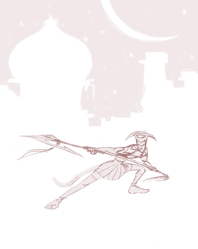 Croquis numérique d'une guerrière avec une lance tenu dans ses mains. Silige et panthère. Costume au style égyptien. En arrière plan la silhouette d'un Palais, une lune et des étoiles.