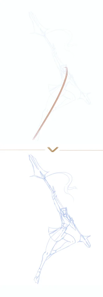 Dessin de la ligne de force puis de la construction de la soldate autour dans un style croquis.