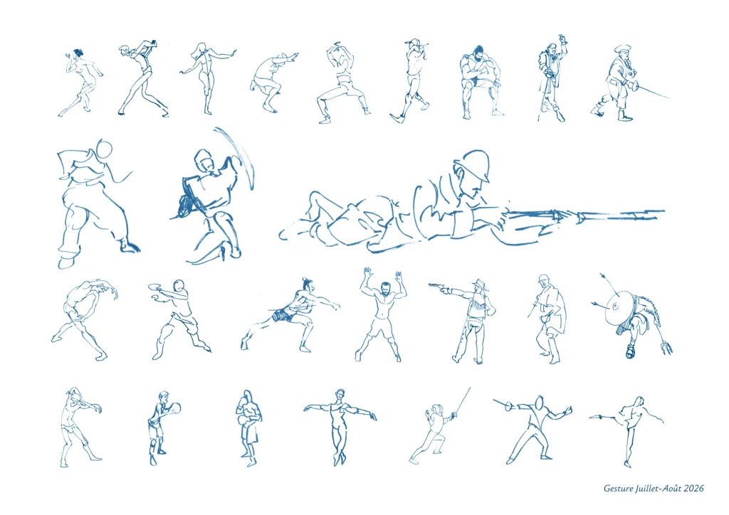 Multiples dessins de personnages avec saisi de leurs postures avec des traits énergiques. Le fond est unis et blanc.
