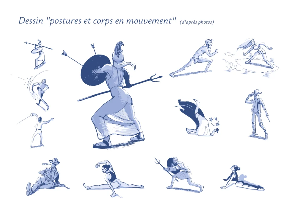 Dessin de personnages en nuances de bleus dans des positions dynamiques.