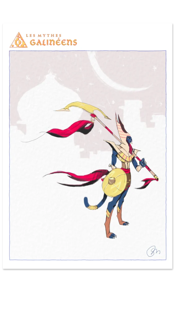 Soldat panthère anthropomorphe de l'univers Les Mythes Galinéens à peau bleue, tenant une faux dorée et un bouclier rond, vêtu d'une tenue d'inspiration égyptienne, croissant de lune et silhouettes de dômes en arrière-plan