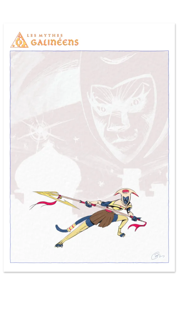 Guerrierre panthère anthropomorphe, univers Les Mythes Galinéens, en position de combat, brandissant une faux dorée à deux mains, tissu flottant, ciel étoilé nocturne avec visage de la combattante dans le ciel.