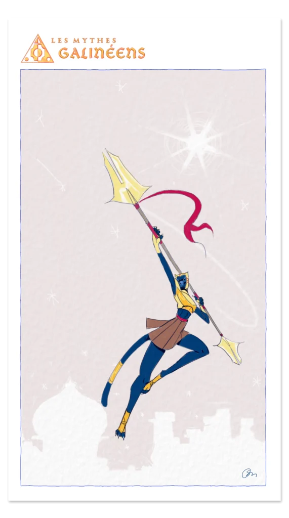 Guerrierre panthère anthropomorphe en saut dynamique, personnage de l'univers Les Mythes Galinéens, arme dorée levée, ciel étoilé.