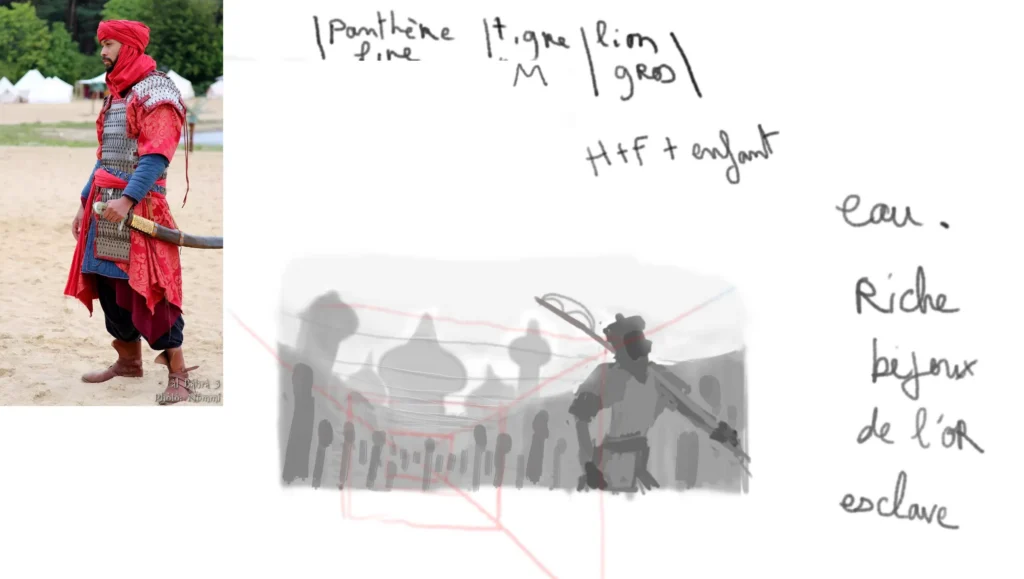 Croquis d'une illustration en niveaux de gris avec traits de perspective visible en rouge. Photo d'un soldat orientale. Univers " Les Mythes Galinéens "