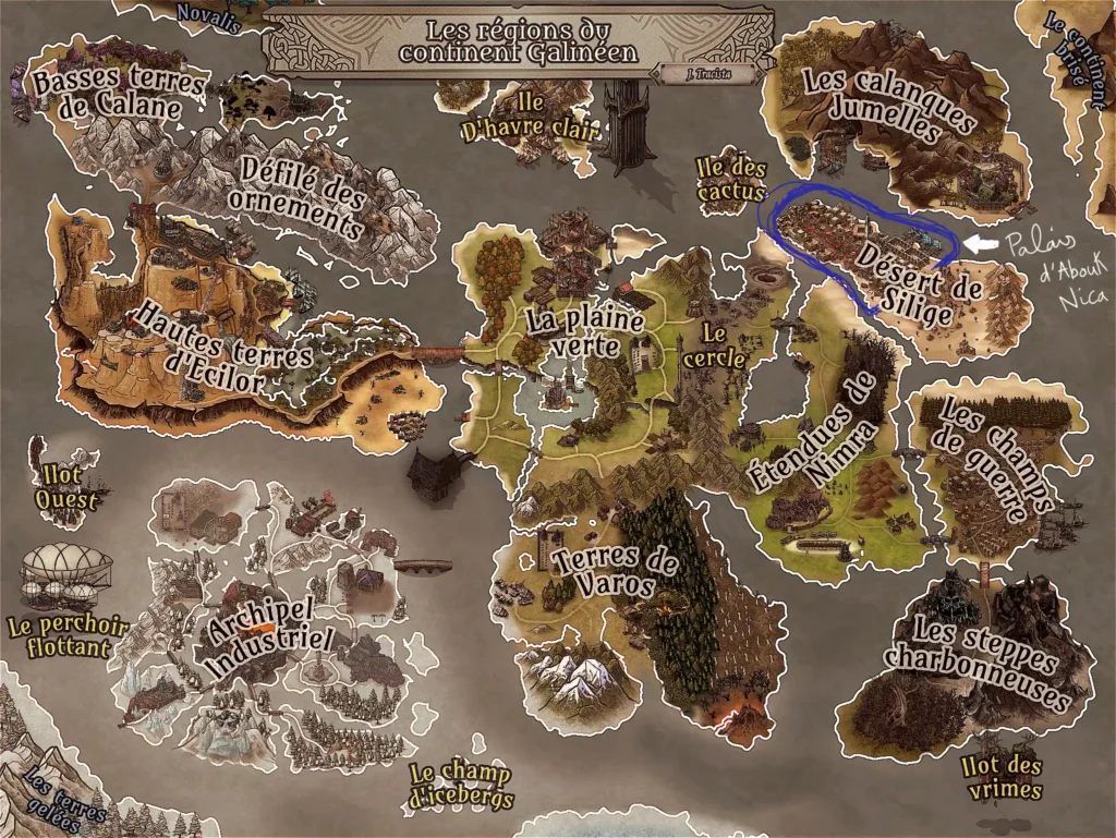 Carte du monde des Mythes Galinéens. Partie riche du désert de Silige entourée.